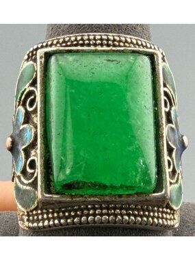 Vintage Ring Green Glass Stone Floral Enamel Asian Mark Size 10.5 Statement